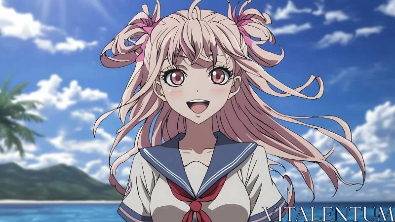 Wind-swept anime schoolgirl rendered on tropical beach shoreline