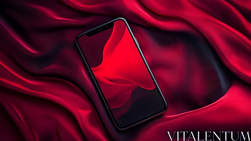 Modern smartphone on luxurious red silk fabric, vibrant and sleek. Modern smartphone on luxurious red silk fabric, vibrant and sleek.