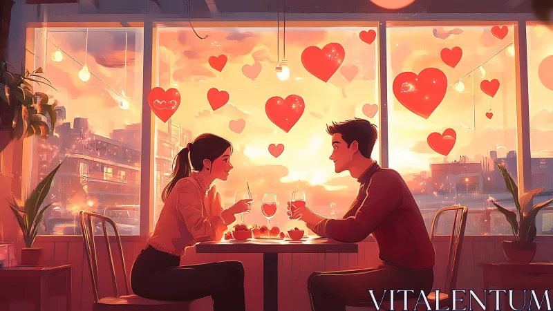 Two figures seated at table with heart decorations during sunset