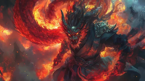 Infernal oni warlord emerging through swirling dragonfire.