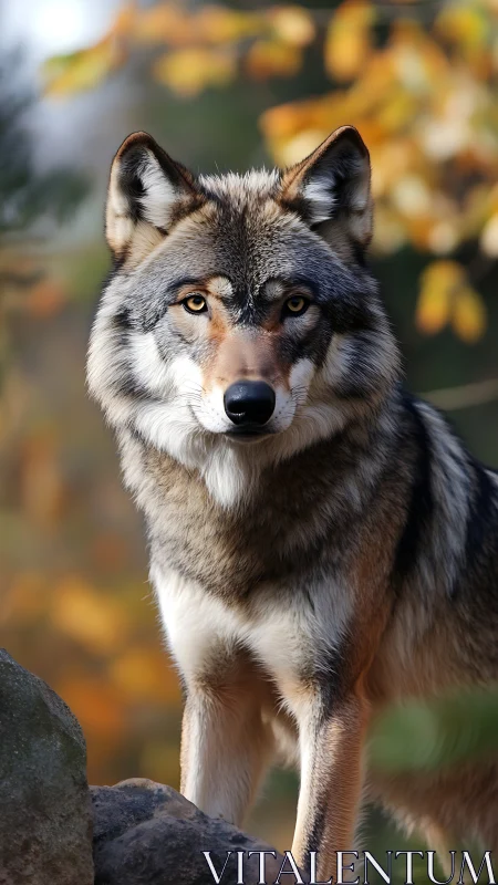Photorealistic autumn wolf portrait with shallow depth of field.
