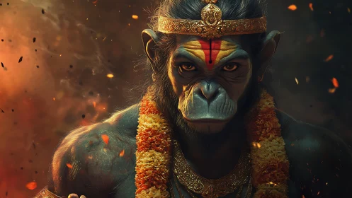 Divine monkey warrior glows within embers and marigolds.