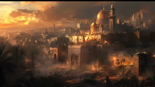 Sunlit domed city skyline rises above ruined stone walls