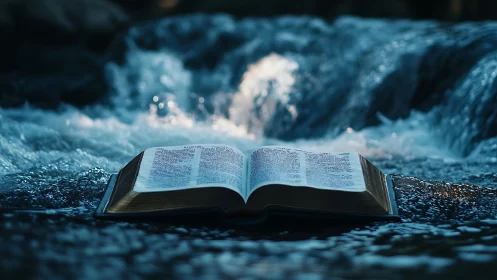 Open Bible rests in flowing river, evoking calm reflection