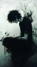 Solitary figure dissolves into swirling black abstraction