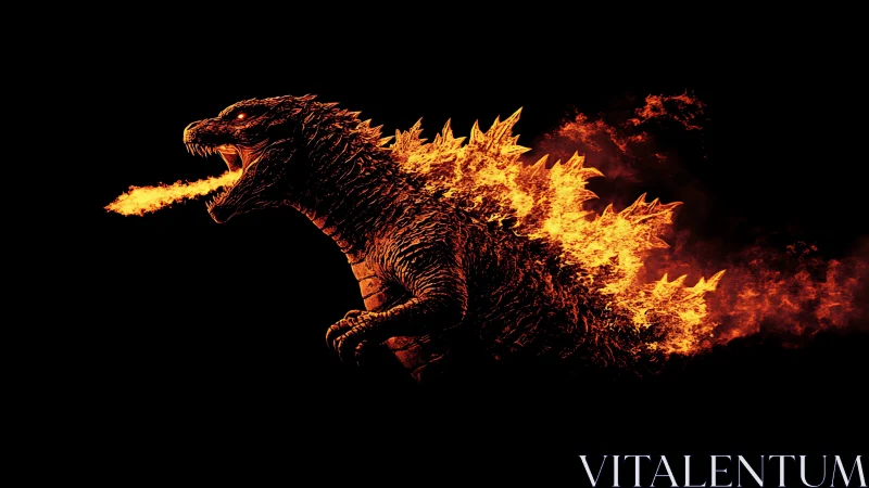 Fiery kaiju silhouette breathes flame against black void