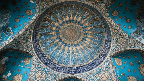 Islamic mosque dome with radial geometric blue ornament.