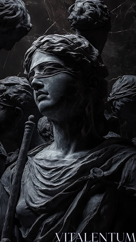 Photorealistic blindfolded marble Justice bust in chiaroscuro composition.