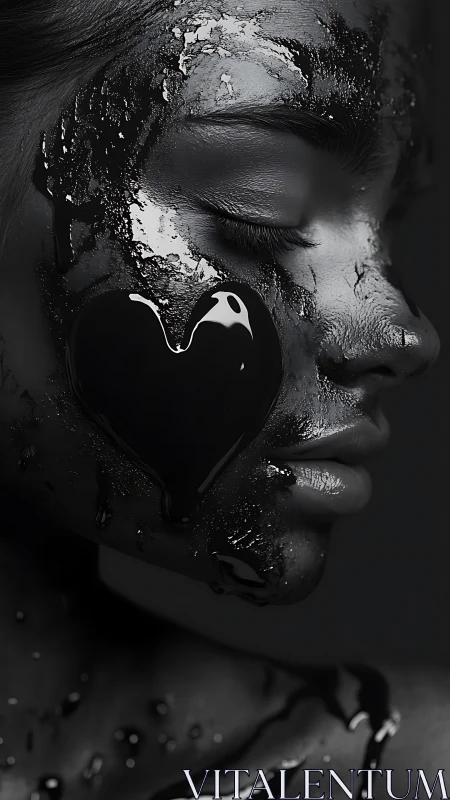 Monochrome portrait with liquid heart-shaped facial coating