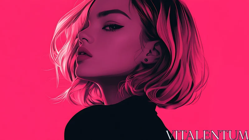 Stylized pink portrait of woman in bold graphic profile.