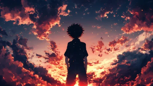 Silhouetted figure under dense clouds at sunset sky horizon.