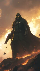 Armored cloaked gunslinger over volcanic ridge, ember sky