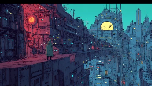 Solitary observer on elevated catwalk in neon cyberpunk megacity