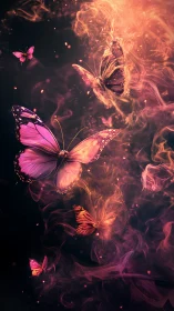 Ignited butterflies drift upward through rivers of glowing dusk