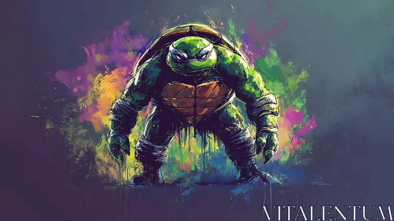 Neon-splashed mutant turtle stalks from an urban paintstorm