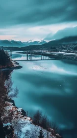 Bridge spans a calm winter river beneath distant mountains