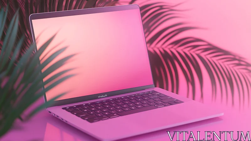 Minimal laptop still life with tropical gradients and soft light.