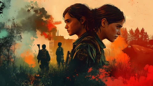 Post-apocalyptic twin portraits in explosive color fields.