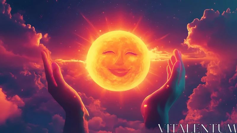 Smiling anthropomorphic sun cradled by glowing human hands.