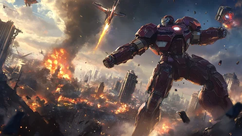 Giant armored mech in explosive urban battlefield scene.