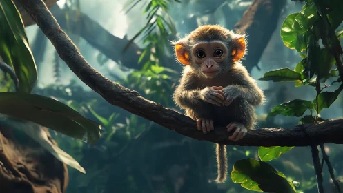 Photorealistic baby monkey resting on jungle tree branch.