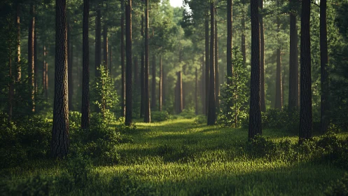 Tall pines converge through morning light in verdant forest corridor