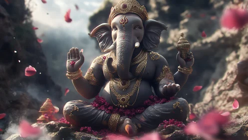 Ganesh idol in ornate 3D render with drifting rose petals.