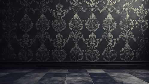 Dark damask wall and tiled floor show high-contrast surface textures