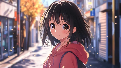 Anime girl in hoodie walking through soft lit city street.