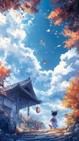 Child observes autumn sky near traditional gate structure