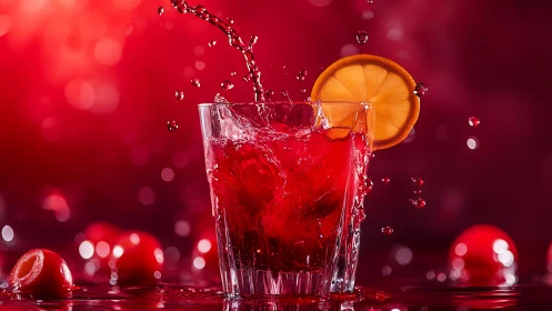 Glass of carbonated red beverage with ice and orange slice garnish