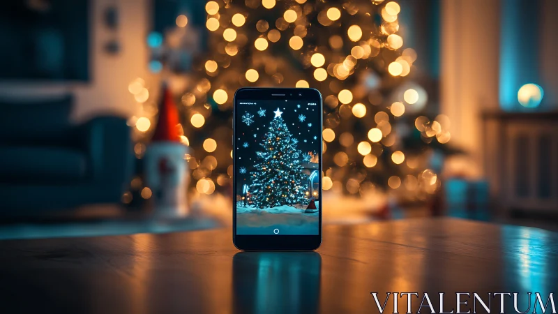 Photorealistic smartphone framing festive bokeh-lit tree scene.