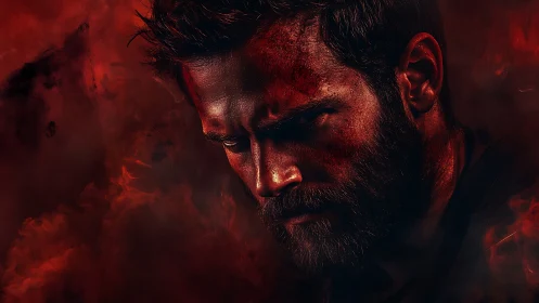 Smoldering warrior in crimson shadows of rage and resolve.