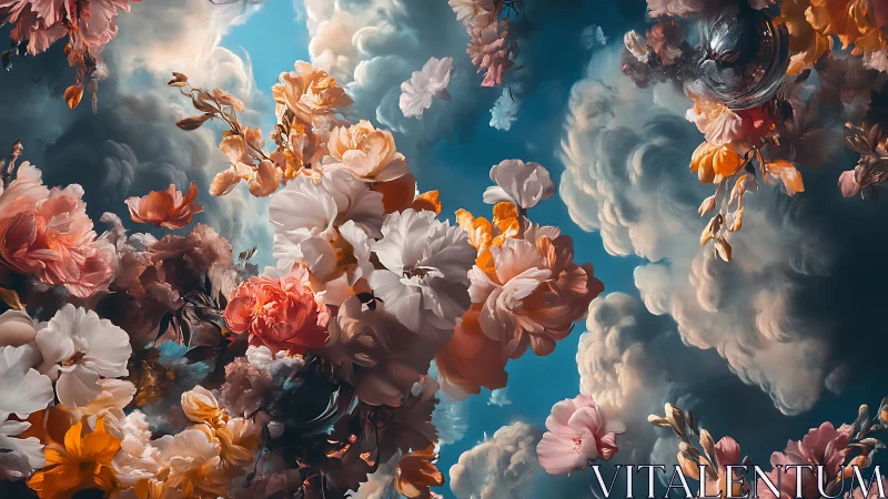 Suspended flowers and clouds composited against clear blue sky background.