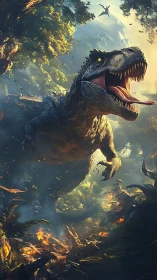 Roaring tyrannosaur charging through a blazing jungle storm.