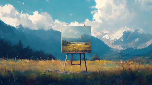 Canvas on easel replicates surrounding mountain landscape scene