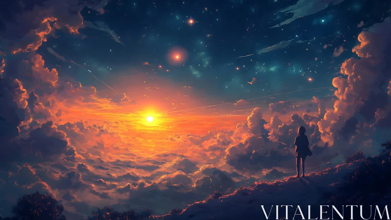 Solitary figure observing stratified clouds at sunset.