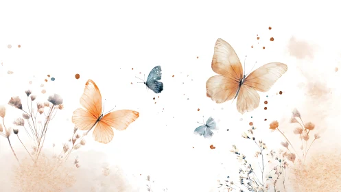 Butterflies move above soft watercolor flowers and splashes