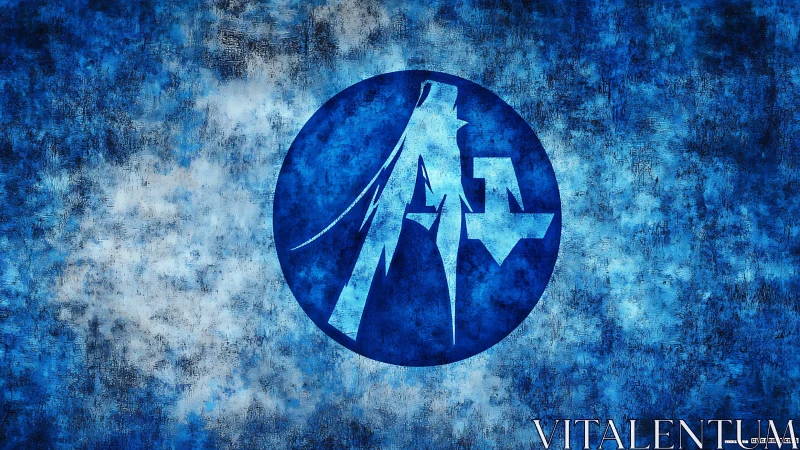 Bold blue abstract emblem stands strong in textured space