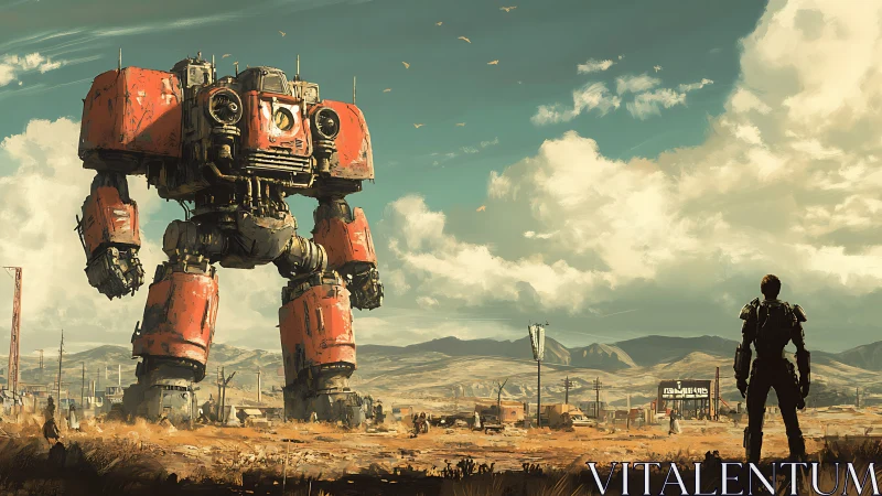Colossal red combat mech confronting armored lone figure.
