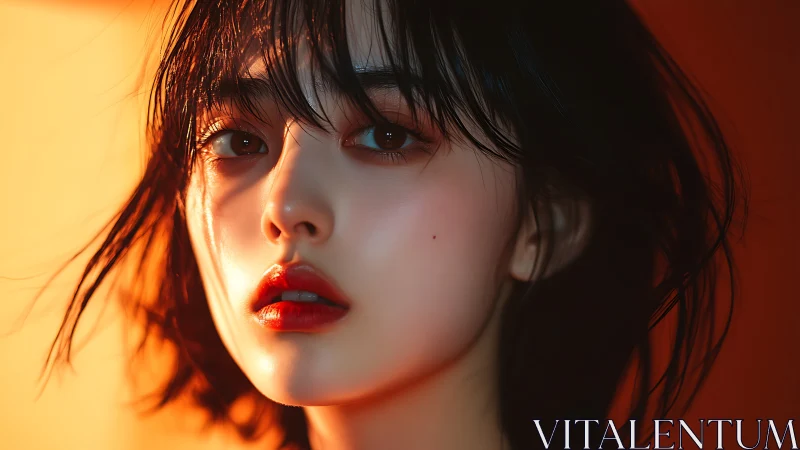 Close-up digital portrait of young woman in warm light.