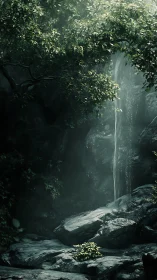 Misty canyon waterfall concealed by cascading jungle canopy