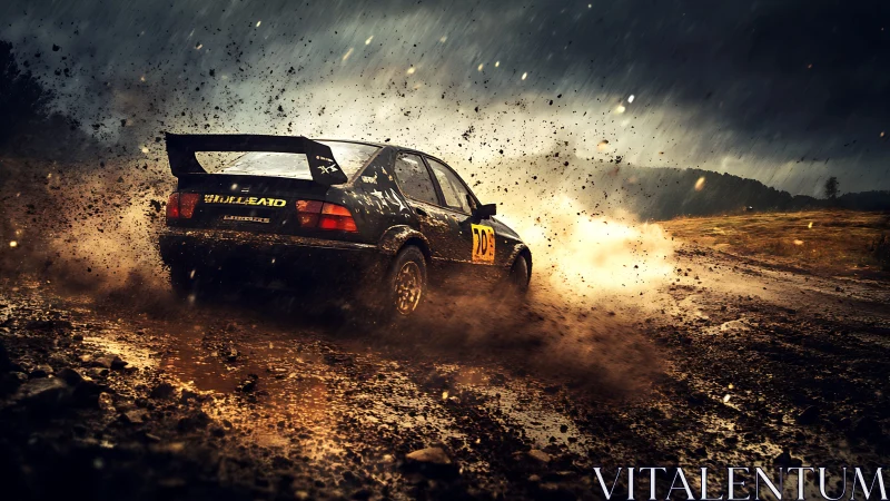 Mudstorm rally sprint car carving fury through wild rain.