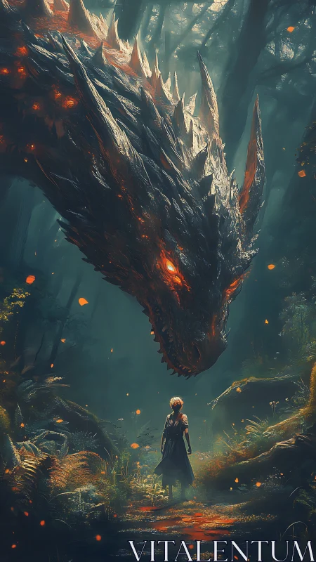 Young warrior confronts colossal ember-eyed dragon in forest dusk