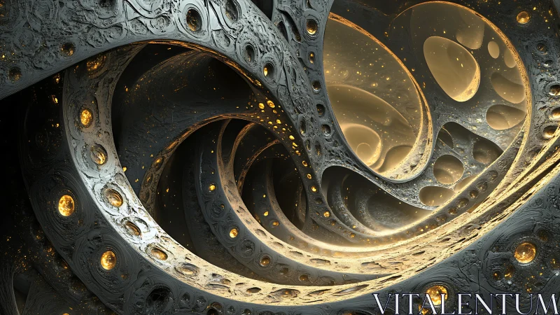 Parametric fractal tunnels with luminous golden sub-surface cores.
