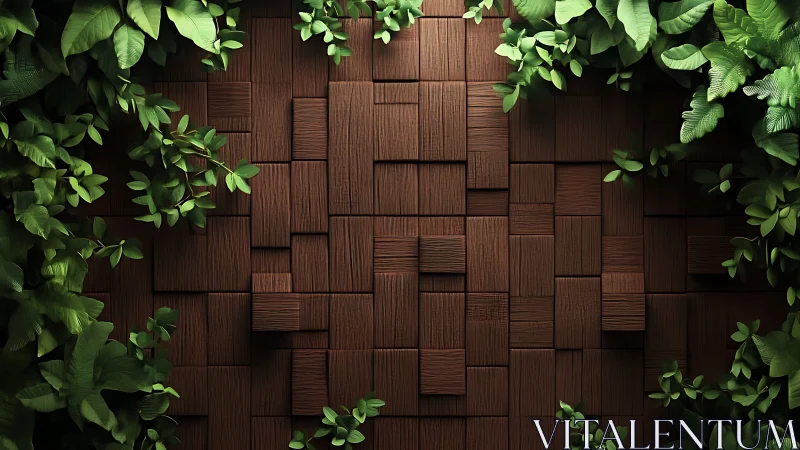 Lush green foliage frames a textured geometric wooden wall