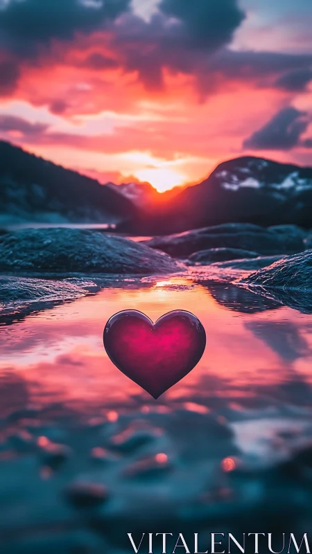Glowing red heart floating on rocky water at vibrant sunset.