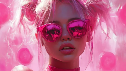 Chromatic closeup of neon-pink lit portrait with reflective eyewear.