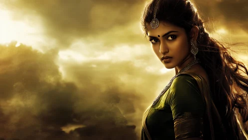 Stormlit portrait of regal Indian woman in cinematic chiaroscuro