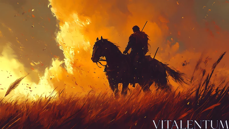 Silhouetted rider crosses windblown field under incendiary sky